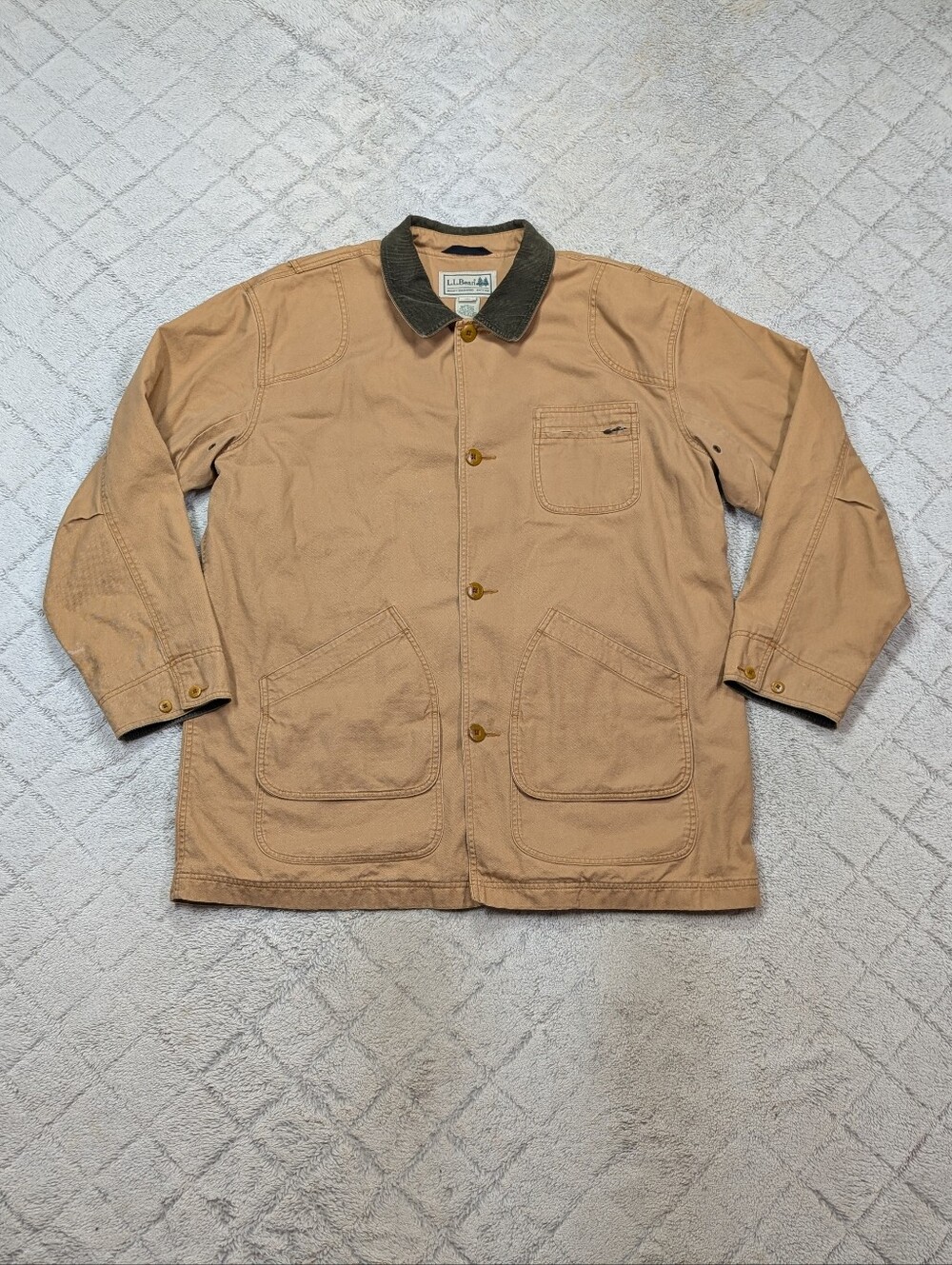 LL Bean Jacket Mens XXL Tall Beige Tan Field Barn Chore Coat Plaid Lined Canvas